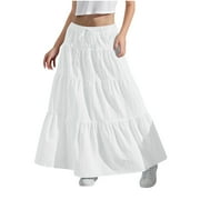Girls Elastic High Waist Maxi Skirt Boho A-Line Tiered Pleated Long Skirts Solid Color Lightweight Summer Ruffled Skirts 4-15 Years